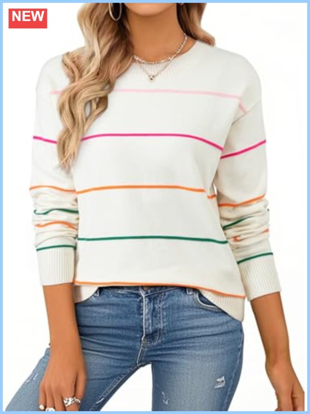 Women's Striped Crew Neck Knit Pullover Sweater, Long Sleeve, Soft & Stretchy